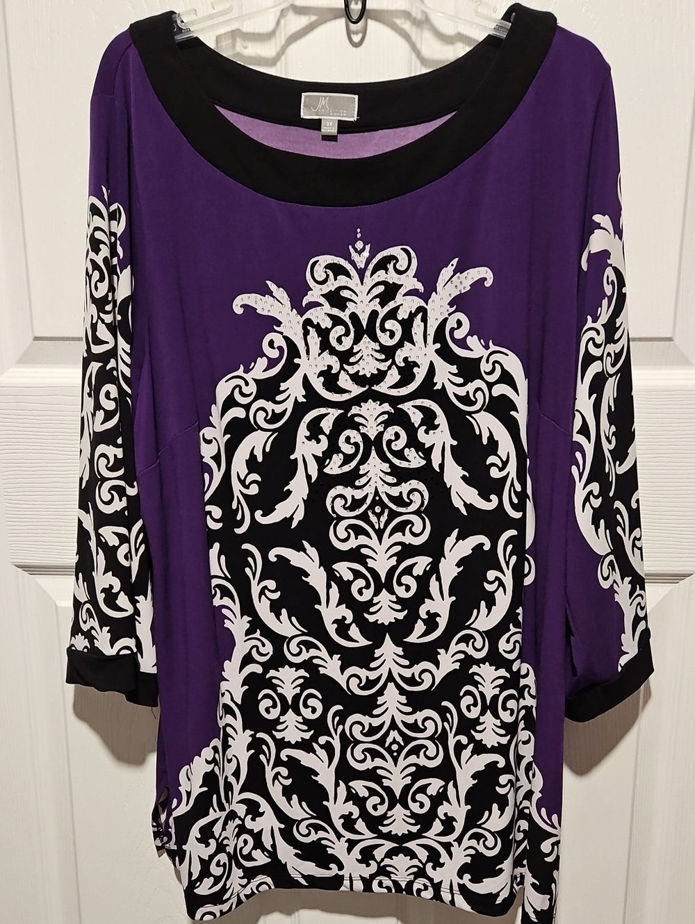 JM Collection Purple, Black & White Baroque Print Long Sleeve Top